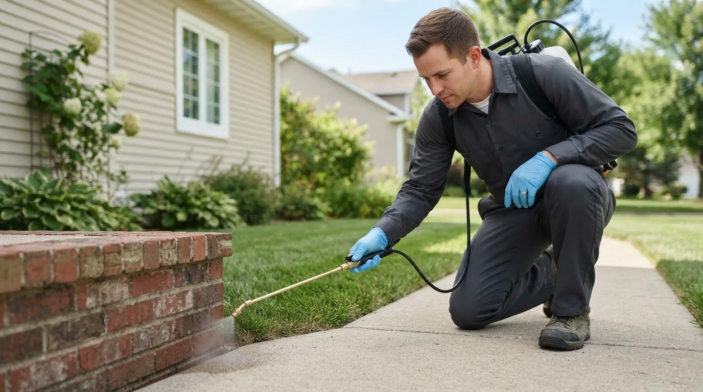 Pest control technician treating a home near Pleasanton, TX