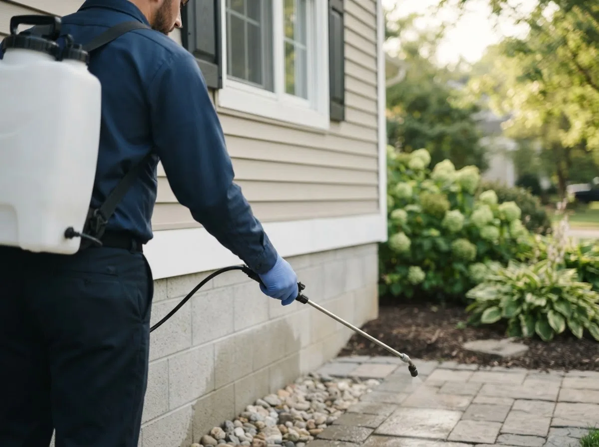 Pest control technician inspecting a home in Pleasanton, TX